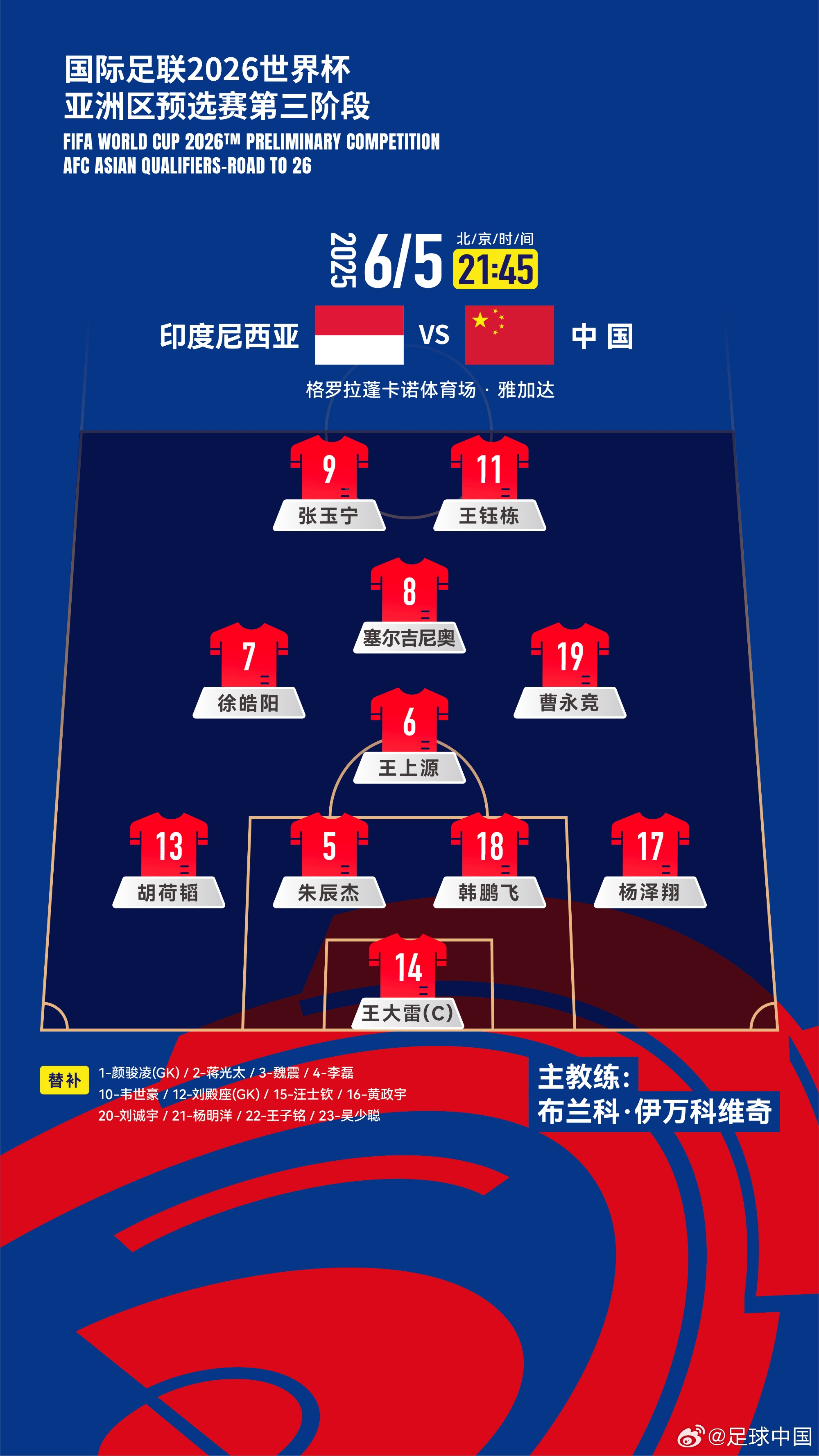 國(guó)足首發(fā)11人俱樂(lè)部分布：申花、國(guó)安各3人 蓉城2人其余3隊(duì)各1人