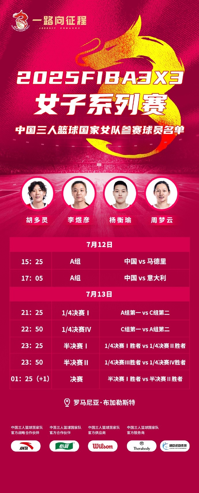FIBA3x3布加勒斯特站中國女隊名單：胡多靈&李煜彥&周夢云&楊衡瑜