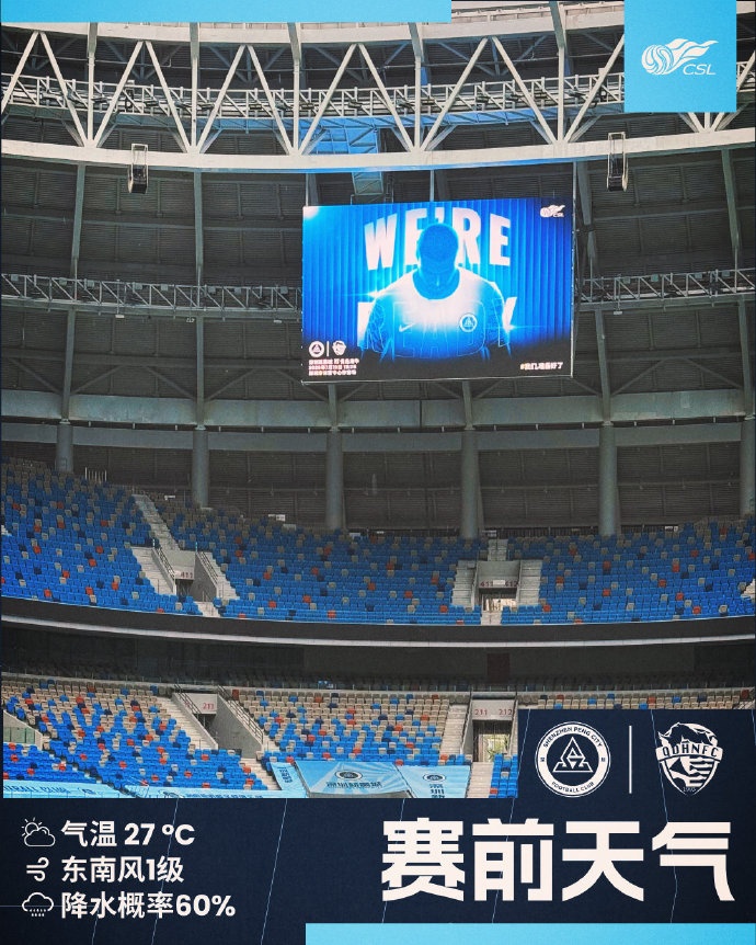 今日深圳主場氣溫27℃，降水概率極大，請球迷做好防雨準備