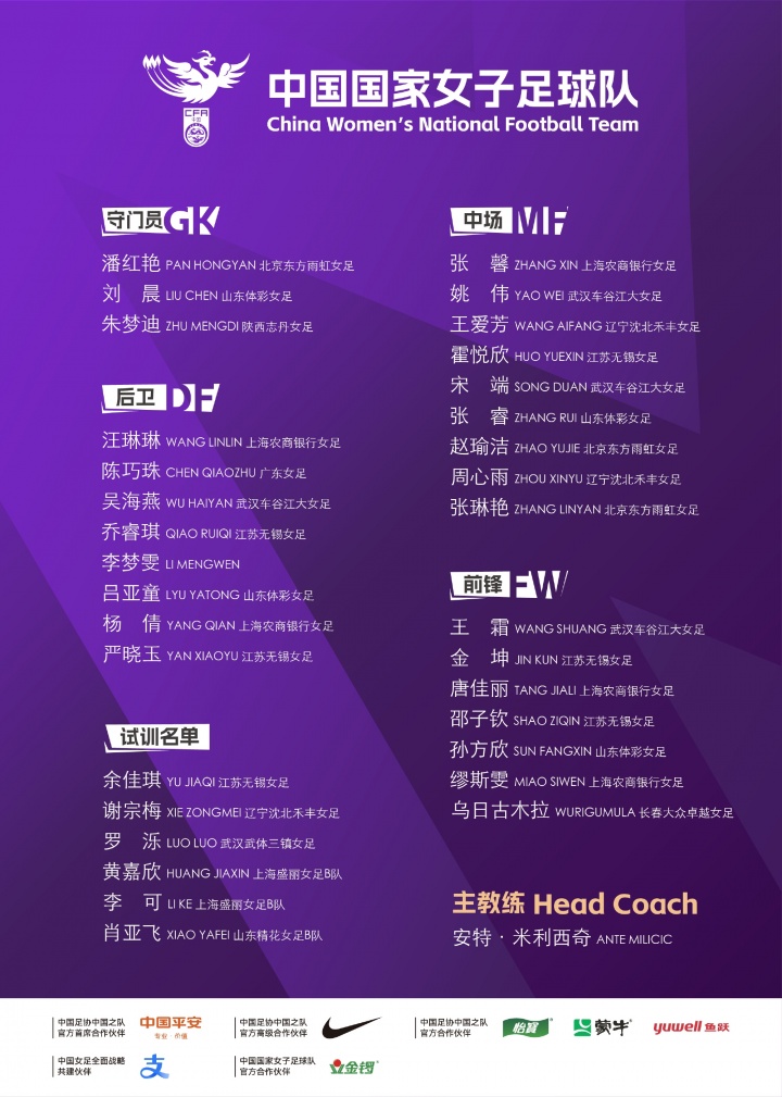 中國女足新一期名單：王霜、李夢雯、張琳艷、吳海燕、唐佳麗在列